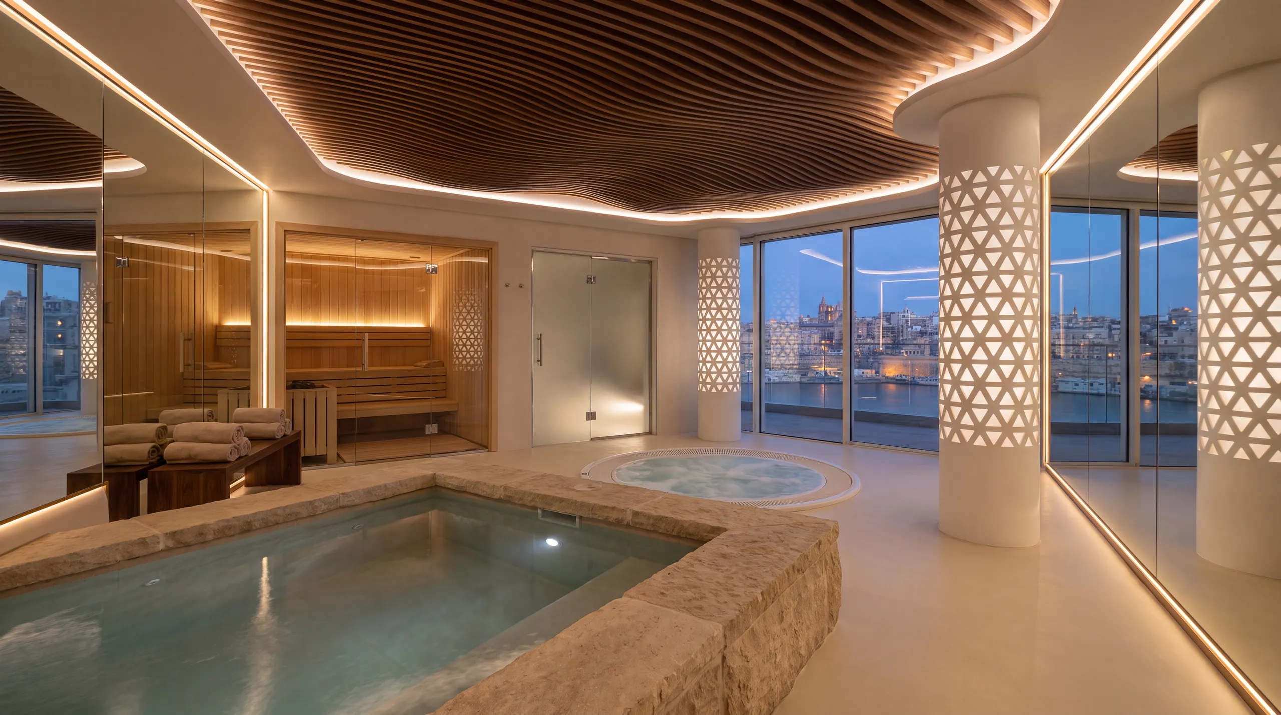 Sauna, steam room, jacuzzi. An indoor pool.