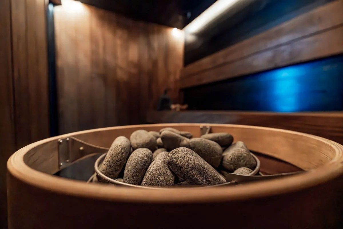Modern indoor sauna with dark wood and electric heater — Finnish-style sauna at a gym with pool and sauna Malta